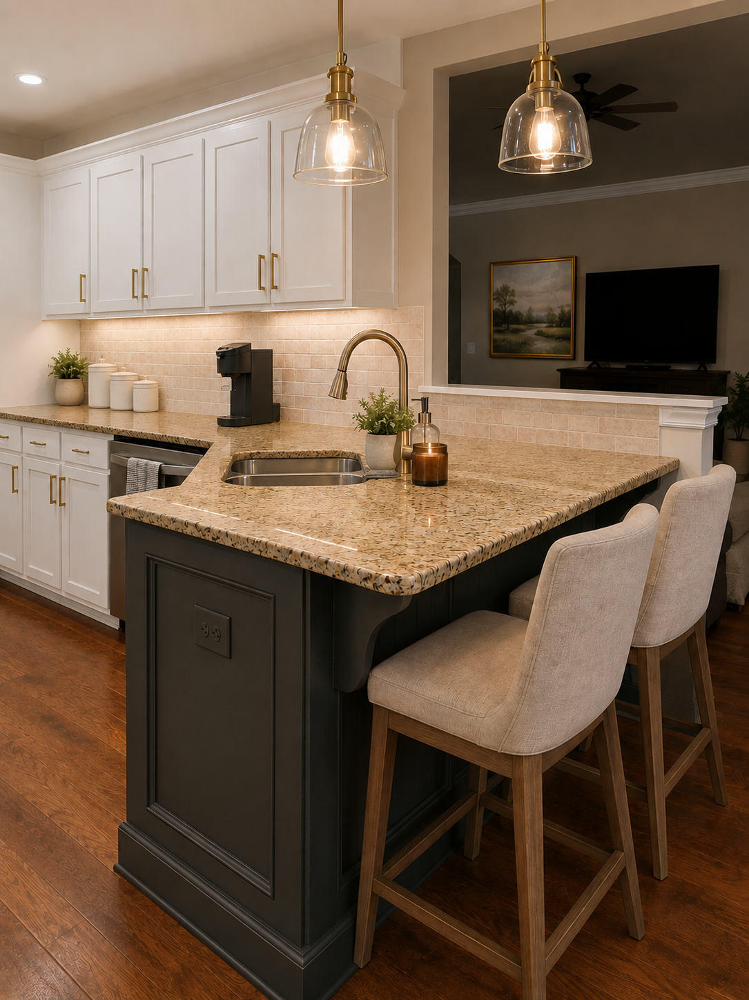 Refreshed kitchen with dark island, warm wood accents, updated lighting, and neutral counter stools
