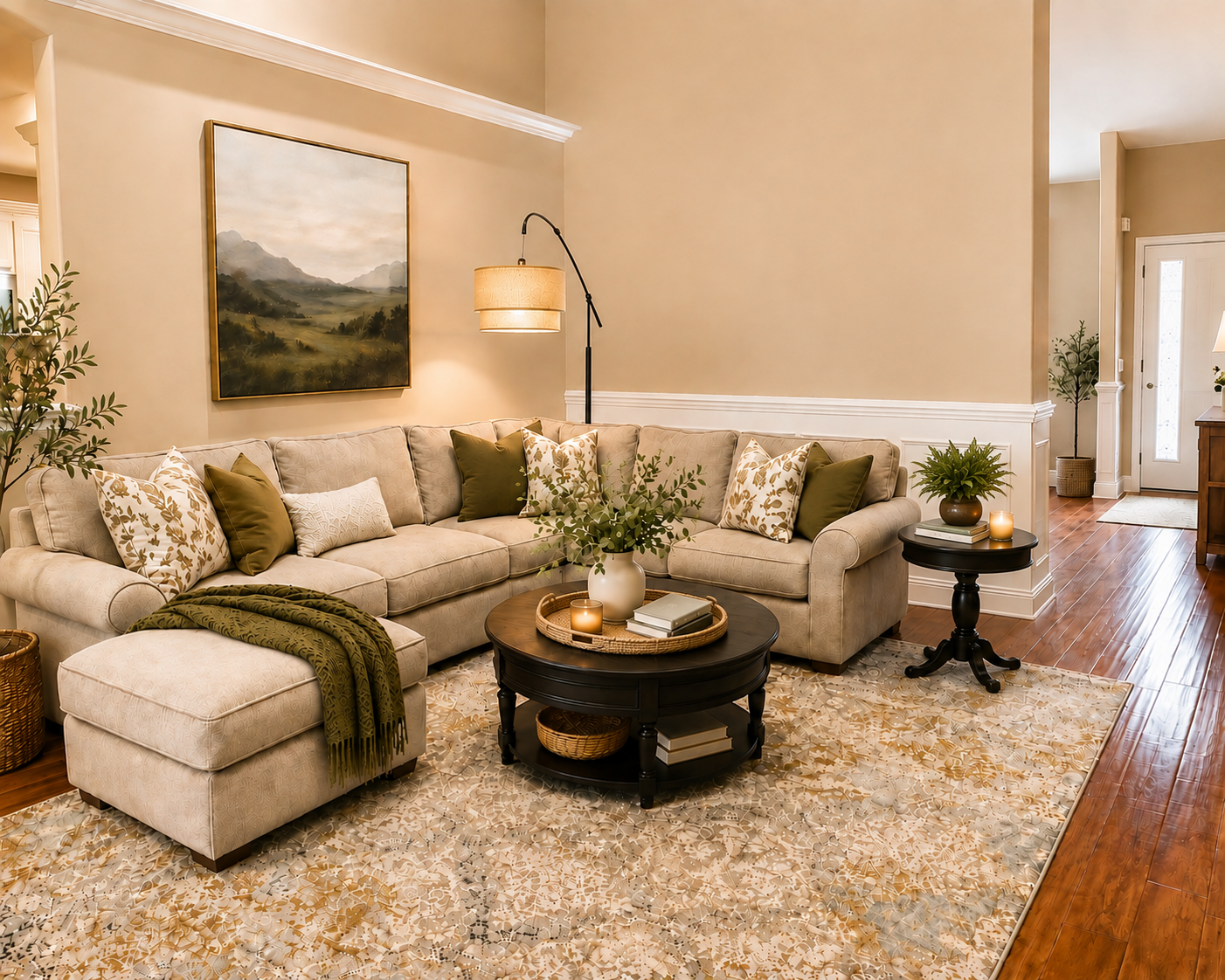 Warm inviting living room with neutral furnishings and natural wood accents