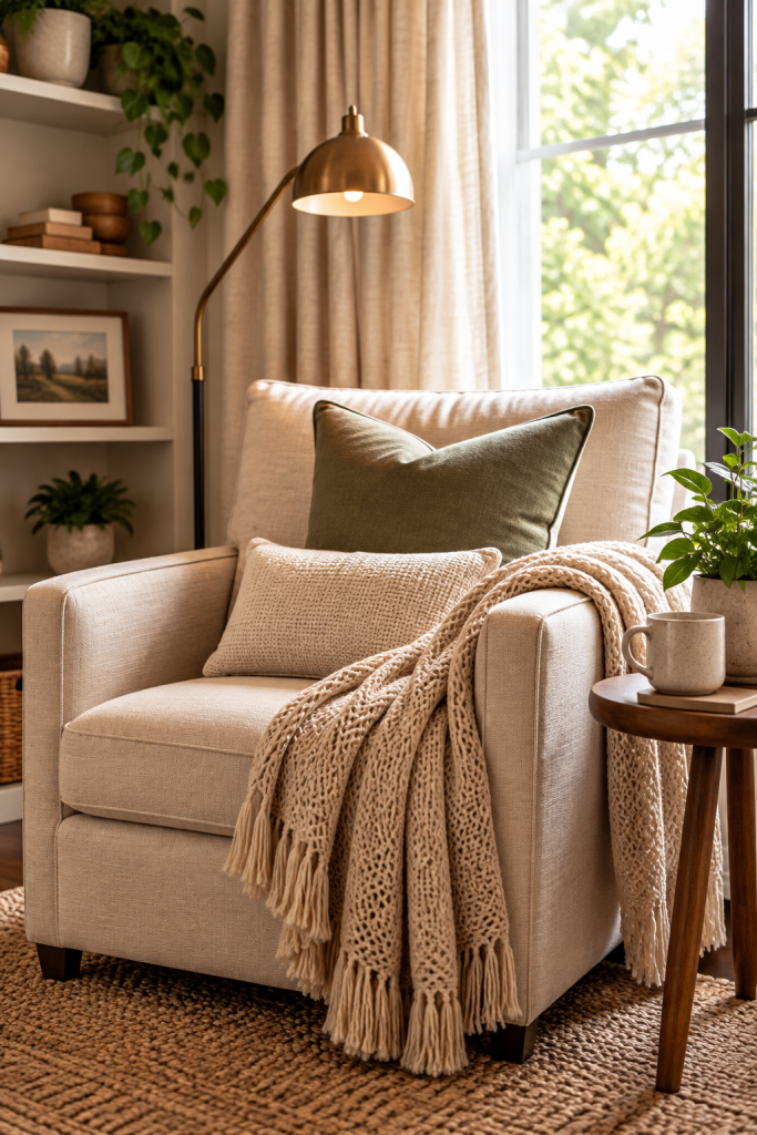 Cozy reading nook with a cream armchair, olive green pillow, knit throw, brass floor lamp, and warm natural light.