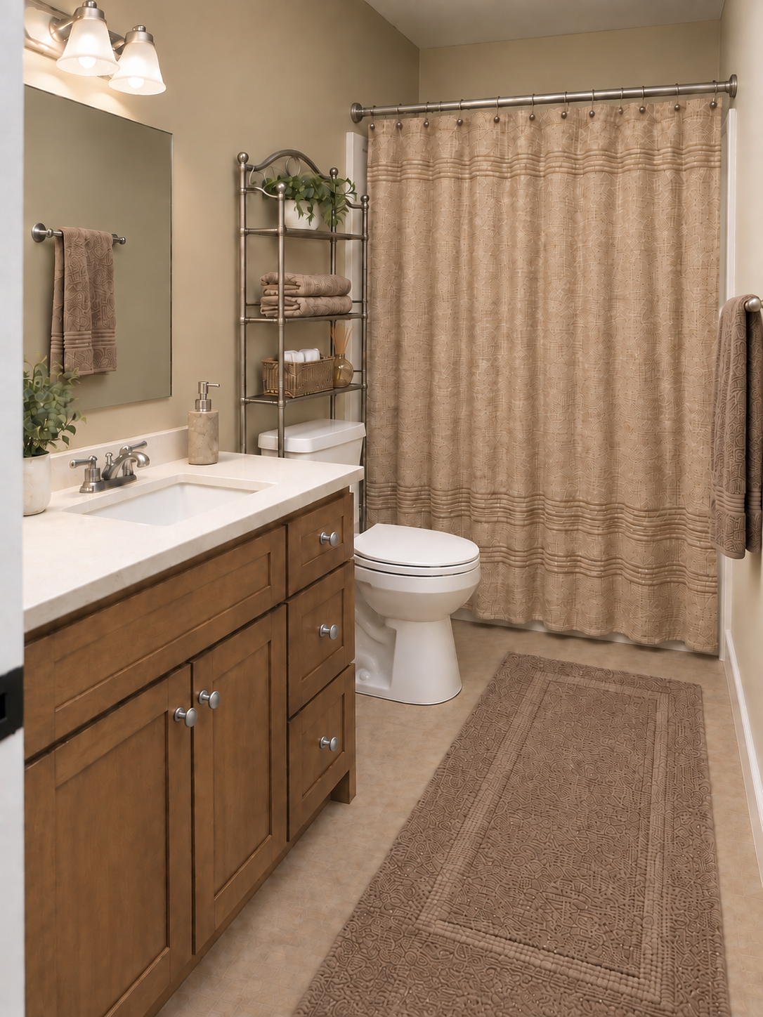 Dated small bathroom before refresh with tan walls, silver fixtures, wood vanity and neutral shower curtain