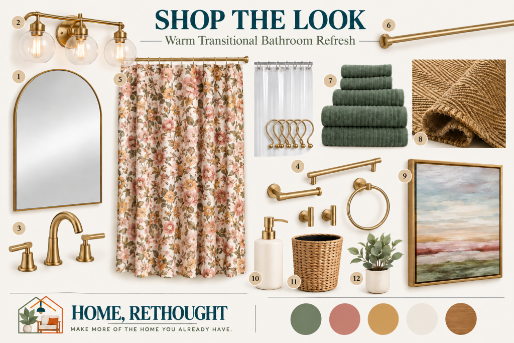 Warm transitional bathroom mood board with brass fixtures, floral shower curtain, green towels, mustard runner and natural woven accents