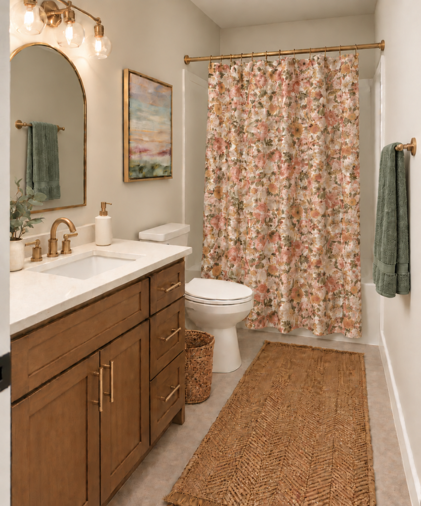 Small bathroom refresh with warm wood vanity, brass fixtures, floral shower curtain, green towels and mustard-gold runner